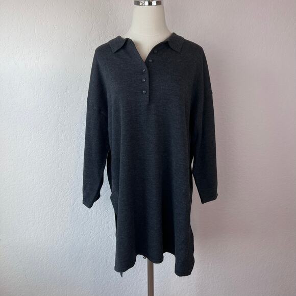 Poetry Merino Wool Blend Tunic Top Oversized Side Slits Button Collar Gray sz 8 - Picture 1 of 11